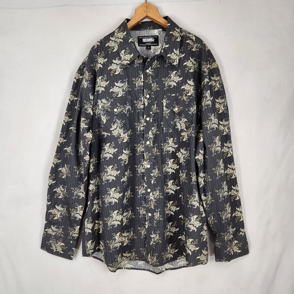 Rock And Roll Denim Pearl Snap Shirt Men's XXL Gray Long Sleeve Paisley Floral - Picture 1 of 7